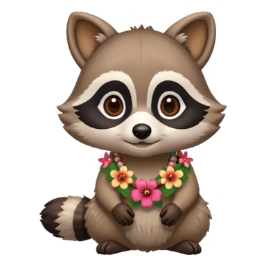 A cute chibi playful raccoon wearing a hawaiian flower necklace, looking festive. sticker