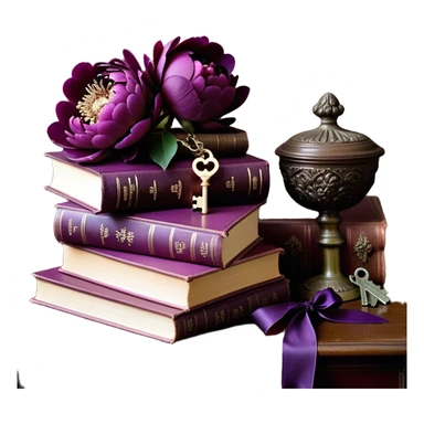 A beautifully arranged stack of mulberry-colored books sits on an antique wooden table, adorned with lush, deep aubergine peonies whose velvety petals spill gently over the edges. Beside them, a delicate love letter, sealed with a wax stamp in rich Tyrian purple, rests gracefully, its edges slightly curled with time. The scene is bathed in warm, golden candlelight, casting soft shadows that enhance the depth of the regal hues. A fine silk ribbon in a matching plum shade winds around the books, securing a tiny, ornate key—perhaps holding the promise of a secret yet to be unveiled. sticker