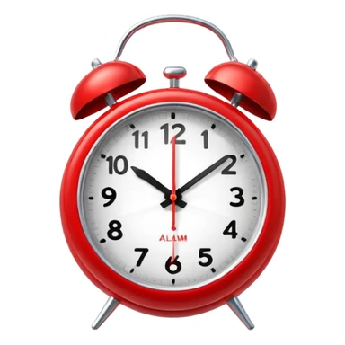 “Classic alarm clock emoji ⏰ in clean 3D style, smooth rounded clock body, bright red color, shiny metallic bells, ultra-glossy plastic texture, reflective surface, clear clock face with simple hands, soft studio lighting, subtle highlights, cute emoji proportions, ultra-polished 3D look,  sticker