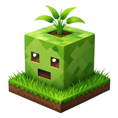 A 3D Apple-style emoji of a Minecraft grass block, cubic shape, with bright green grass on top and brown soil with pixel texture on the sides, simple and cute cartoon design. sticker