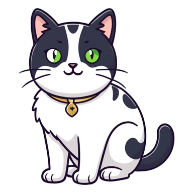 Female Tuxedo domestic short hair, more white than black similar to a cow, green/gold eyes sticker