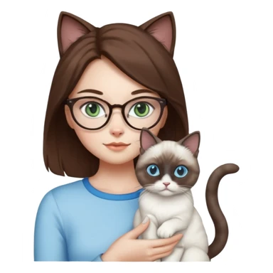 O data cu parul saten ,ochii griji-albastrii ,ochelari și codițe de pisica ..și langa o pisicuță alba pufoasa ,cu ochii verzi și o a doua pisica siameza pufoasa cu capul maro -negru și coada ,restul corpului un maro deschis spre alb  , ochii albaștrii  sticker