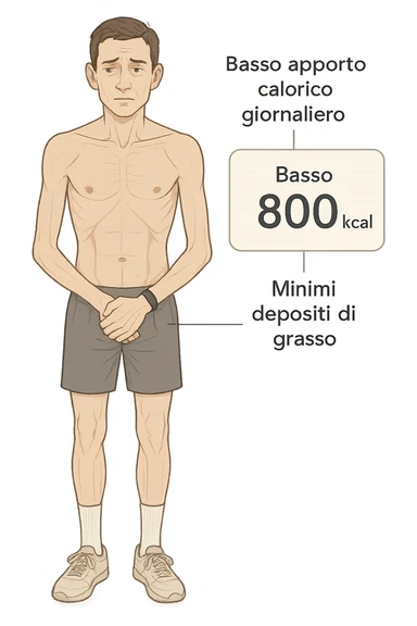 a lean man stands in a clinical setting, with a semi-transparent overlay showing reduced muscle mass and minimal fat stores. His expression is slightly fatigued, and a digital chart beside him displays a low daily calorie intake. The background is clean and modern, emphasizing the effects of a low-calorie diet. con scritte in italiano sticker