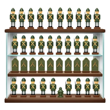 Icon for Miniature Collecting: a collection of finely detailed miniature items such as tiny army of soldiers, figurines and accessories, neatly displayed on a shelf or in a display case. The icon should convey the intricacy and charm of collecting miniature objects. Transparent background. sticker