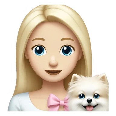 Blond girl white skin blue eyes hugging white Pomeranian with light pink bow sticker