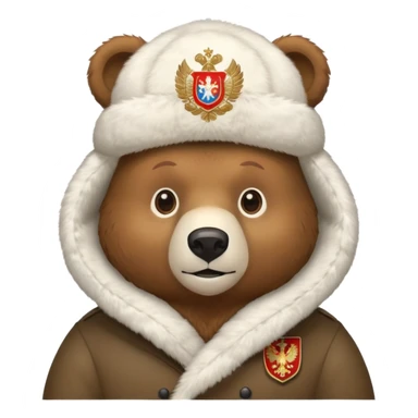 Cute brown bear in white fur ushanka hat with centered Russian coat of arms, front view, iOS emoji style sticker