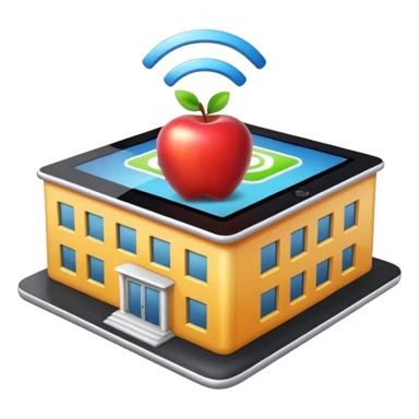 shiny school building with Wi-Fi symbol on the roof and a tablet in front, Apple emoji style, clear details sticker