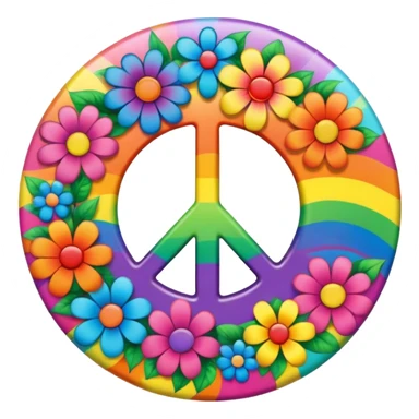 A round psychedelic colored button that says love, peace, and joy with rainbow colored hippie style flowers sticker