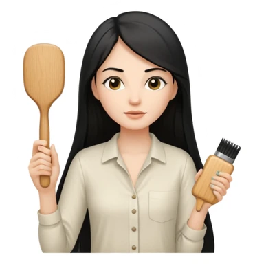 A white woman with long, straight black hair, wearing an ivory-colored shirt, holding a small square wooden paddle hairbrush in her left hand and spraying a hair mist bottle with her right hand toward her hair. sticker