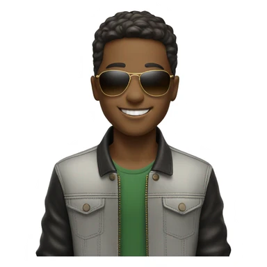 smiling boy in stylish outfit with ray-ban sticker