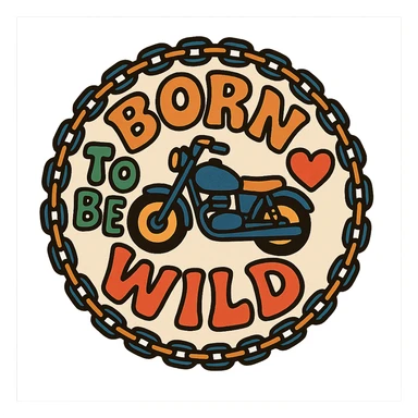 circular motorcycle cap design with transparent background, text 'Born to be wild', motif: chain, motorcycle, heart, friendly style sticker