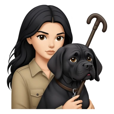 Kendall Jenner with long black hair holding a black Cane Corso dog sticker
