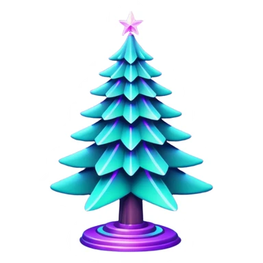 Futuristic glowing Christmas tree emoji with neon decorations, purple and cyan holographic glow, dark background, festive sparkles, no face. sticker