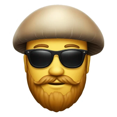 a man with a beard wearing black sunglasses with a mushroom on his head sticker