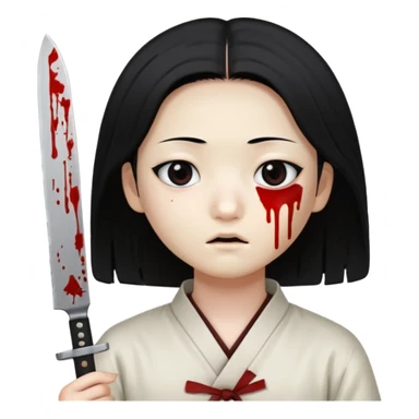 Korean murderer white skin with Asian eyes and holding a small mini kitchen knife with black straight hair with also one eye is blind covered with blood  sticker