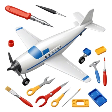 model-building tools like glue, paint, small paintbrushes, and pieces of a plastic model car or airplane in the process of being assembled. The design includes detailed textures of the model pieces and tools, capturing the focus and creativity of model building. Transparent background. sticker