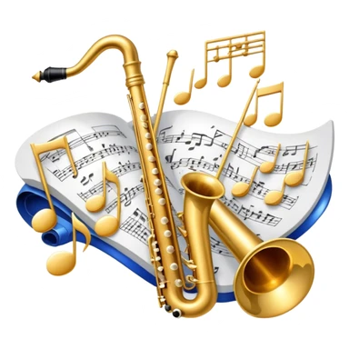 Create an elegant and artistic emoji that represents music arrangement and orchestration. The design should feature a conductor's baton, musical scores, and various orchestral instruments (e.g., violin, trumpet, electric guitar, synthesizer). Incorporate flowing lines to represent harmony and orchestral balance, along with a subtle representation of sheet music. Use rich, classical colors like gold, silver, or deep blue, and create an atmosphere of sophistication and precision. The background should be transparent. sticker