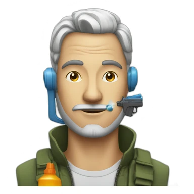 Man with water pistol attached to his ear sticker