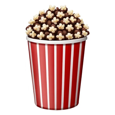 Chocolate popcorn in a paper jar with red and white vertical lines sticker