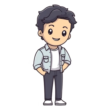 Casual business strategist with black wavy hair, stubble, strong features, white skin, wearing casual Friday outfit with no tie, leaning back relaxed, friendly smile, personal and approachable for Instagram profile sticker