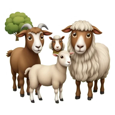 Icon for Domestic Hooved Animals: A gentle collage featuring a brown goat with large, curious eyes, a calm sheep with soft wool and a horse with a flowing mane. Background with a green pasture and a few hay bales. Transparent background. sticker