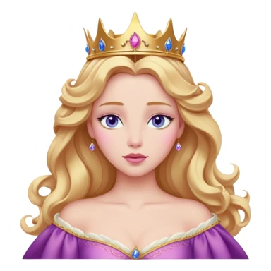 Cinematic Realistic Sleeping Beauty (Aurora) Portrait, with porcelain-like skin featuring a natural rosy flush, illuminated by soft lighting that highlights the gentle contours of her face. Her golden blonde hair flows in soft, detailed waves with subtle highlights that shimmer in the light. Her deep violet-blue eyes radiate warmth and innocence, framed by arched brows and long lashes. Her serene expression exudes quiet elegance. She is dressed in her classic pink gown, the fabric rich in texture with delicate folds that catch the light. A golden crown rests atop her head, gleaming with royal refinement. The portrait captures a soft, glowing aura, blending realism with an ethereal sense of beauty and timeless enchantment. sticker