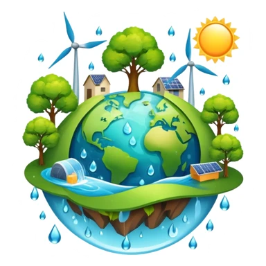 An icon featuring a green Earth, a tree, recycling symbols, and renewable energy sources like wind turbines, solar panels, and hydropower. The design includes animals, water droplets, and the sun, representing ecology, sustainable energy, and environmental protection. Transparent background. sticker