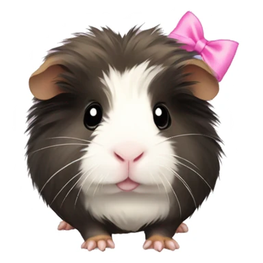 fluffy guinea pig with black,white, and tan face fur wearing a pink bow sticker