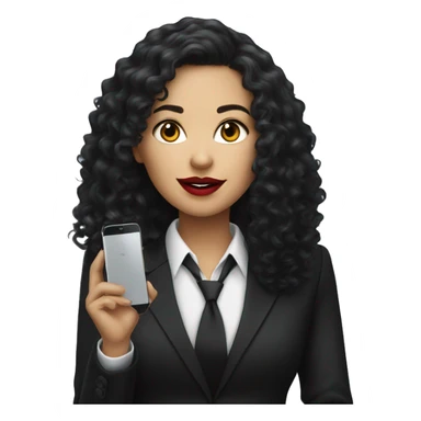 corporate white woman, red lipstick, long black curly hair, with a phone, black shirt, black blazer  sticker