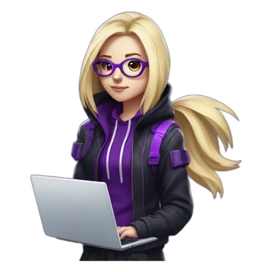 Girl blond developer with round glasses left side behind his laptop with this style: Valorant Riot Game purple character purple black hooded hacker  sticker