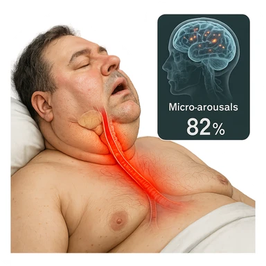 hyper-realistic medical CGI of overweight man in bed, airway narrowed by neck fat, trachea with red heat map, oxygen at 82%, brain scan overlay with micro-arousals, 4K, clinical sticker
