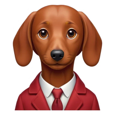 Cinematic Noble Red Dachshund Portrait Emoji, Poised and regal, with a long, low-slung build and a smooth, well-groomed red coat, deep-set soulful brown eyes, Simplified yet sharp and sophisticated features, highly detailed, glowing with a soft, dignified glow, high shine, intelligent and determined, stylized with an air of charm, focused and attentive, soft glowing outline, capturing the essence of a watchful and confident companion, so majestic it feels as though it could slide out of the screen with effortless authority! sticker