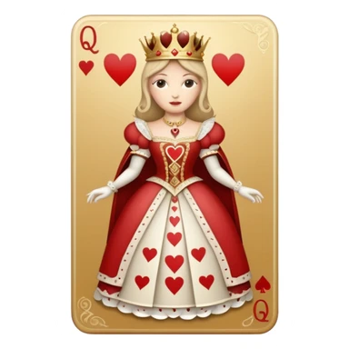 a playing beige and white card depicting the Queen of Hearts in gold sticker