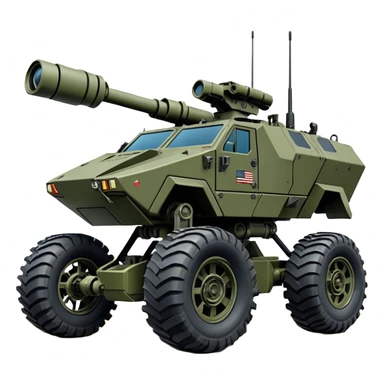 a roomy American 4-wheel armored personnel stealth camouflage army massive mech trail vehicle shooting forward side-hill leaning actively articulating hydraulic independent suspended pod gimbal enemy mech off-road racing rover with large fast engine RC basher megatron  sticker
