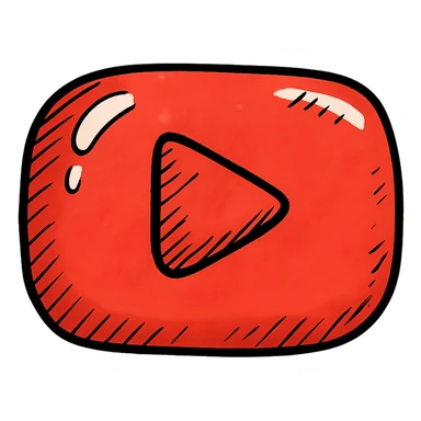 plump rounded YouTube play button logo in red, very soft puffy cartoonish shape, bold black outlines, expressive shadows, glossy highlights, no background, juicy inflated cartoon letter style sticker