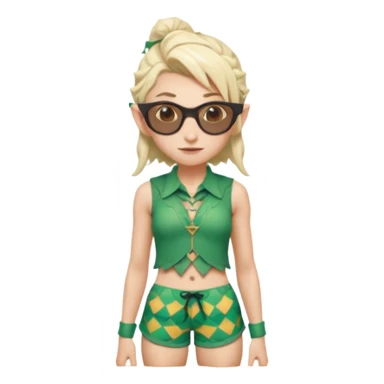 elf female legolas portrait, patterned board shorts (geometric/abstract), unique wooden-framed sunglasses, undercut hairstyle, slight smirk, visible pointy ears, no background, centered emoji, hipster summer vibe sticker