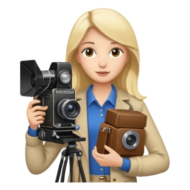 A brunette girl , she’s a proud and successful filmmaker 🍿🌍✨ she’s next to a tall, set camera, / holding awards  sticker