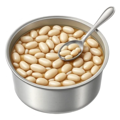 open tin can filled with plump glossy white beans in light slightly starchy broth, smooth oval beans gently piled with natural glisten, metallic shallow partially opened can, no label spoon or garnish, soft lighting, subtle shadows, emoji scale sticker