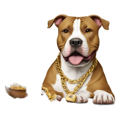 A dog pitbull with a big gold chain on that says “G-UNIT” and a bowl of dog food right next to the dog that says “G-UNIT” on the bowl  sticker