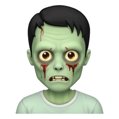 Rosto de frente classico de zombie boca meio torta cabelos pretos no corte low fade com pele verde clara camiseta branca sticker