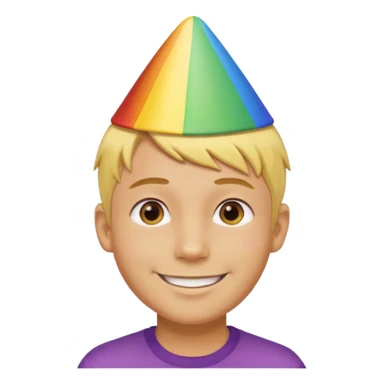 Young man, short yellow hair, rainbow birthday hat, happy sticker