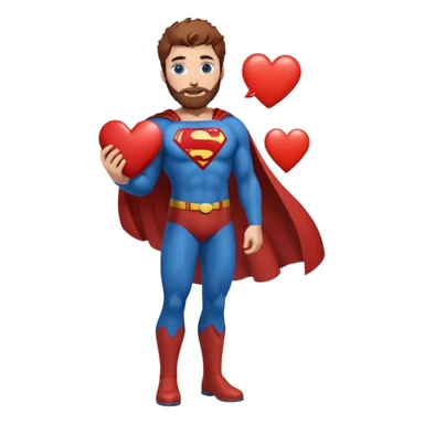 Adult-tall-full body- Superman-with redish brownish messy hair-full neatly trimmed beard-blue eyes-holding a heart  sticker