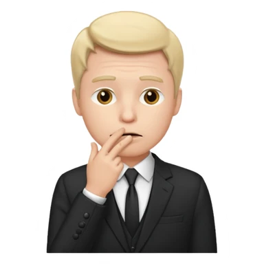 white man in formal suit thinking, hand on mouth sticker