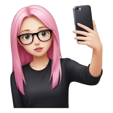 A teenage girl taking a selfie in a school bathroom. She has long, straight blonde and pink-dyed hair, wears rectangular glasses and a black shirt. Her expression is neutral with glossy lips sticker