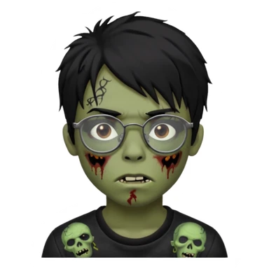 Boy, zombie, black hair, medium long, emo, shaggy, dark, spooky, creepy expression emoji, add dolce gabanna glasses, a risk on the eyebrow, some tattos  sticker