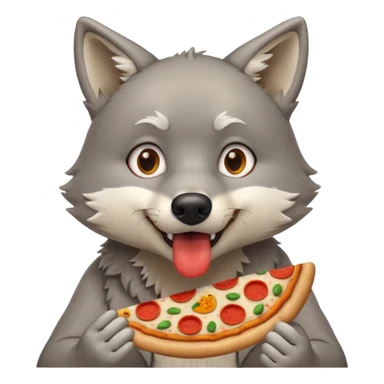 a surprised grey wolf eating a piece of pizza in a sitting pose emoji sticker