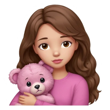 girl with long wavy brown hair, brown eyes, light to medium complexion, in a pink shirt, pink lips, long lashes, sad, hugging a teddy bear with a  heart sticker