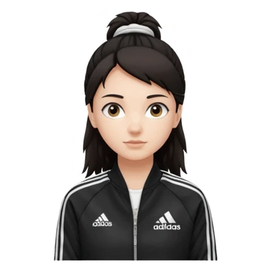 A girl with  medium length, dark hair, fair skin. The style is a layered cut that falls around her shoulders. wore black Adidas track jacket with white stripes on the sleeves. It has a full zipper down the front, a stand-up collar, and the Adidas logo on the right chest emoji sticker
