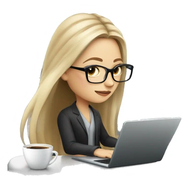 a long haired blond girl with black thick glasses using a laptop, drinking coffee and a grey cat sticker