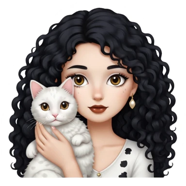 Girl with long curly black hair with makeup on holding a white cat with some brown and black spots  sticker